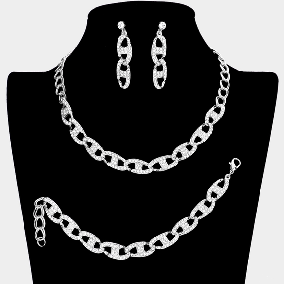 iFashionBox Jewelry - Silver 3 Piece Rhinestone Link Style Casual Necklace Jewelry Set Statement Chain